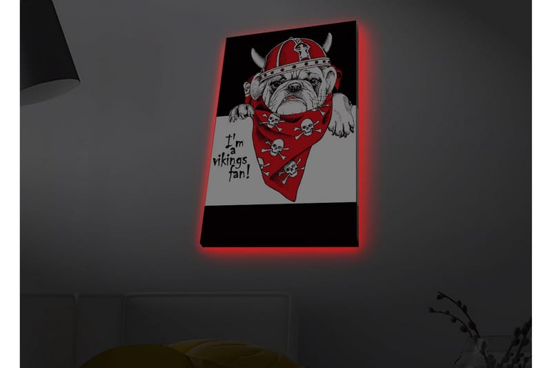 Lerretsbilde med LED-belysning - Bulldog i vikinghjelm med rød bandana og hodeskaller - Rød / Svart / Hvit - Interiør - Maleri & posters - Lerretsbilder