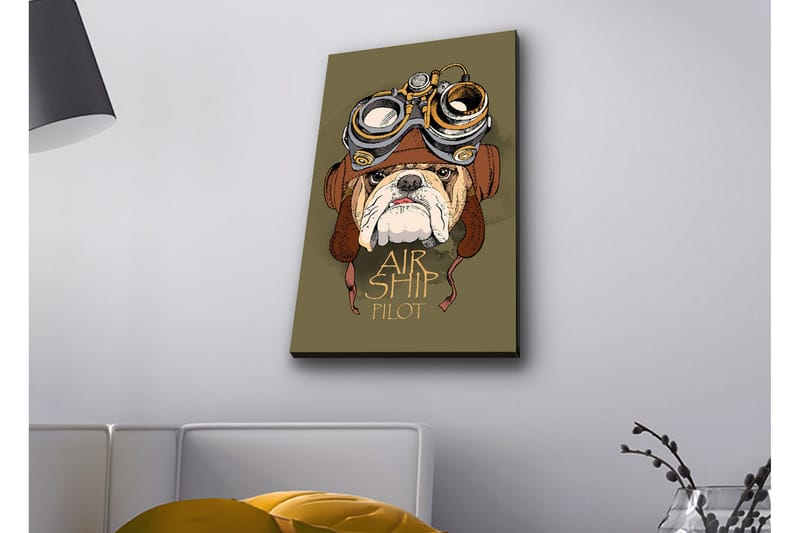Lerretsbilde med LED-belysning - Bulldog i pilotutstyr med beskyttelsesbriller, Grønn / Brun / Hvit