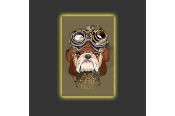 Lerretsbilde med LED-belysning - Bulldog i pilotutstyr med beskyttelsesbriller - Grønn / Brun / Hvit - Interiør - Maleri & posters - Lerretsbilder