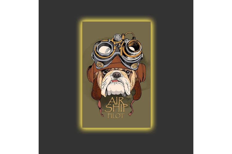 Lerretsbilde med LED-belysning - Bulldog i pilotutstyr med beskyttelsesbriller - Grønn / Brun / Hvit - Interiør - Maleri & posters - Lerretsbilder