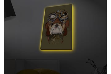 Lerretsbilde med LED-belysning - Bulldog i pilotutstyr med beskyttelsesbriller - Grønn / Brun / Hvit - Interiør - Maleri & posters - Lerretsbilder