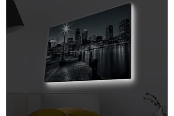 Lerretsbilde med LED-belysning - Bylandskap i svart-hvitt med refleksjoner i vannet - Svart / Grå - Interiør - Maleri & posters - Lerretsbilder