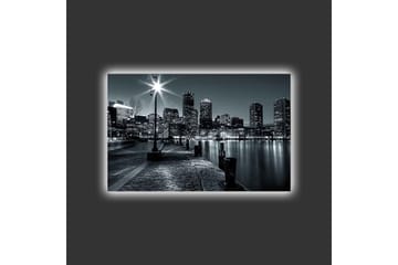 Lerretsbilde med LED-belysning - Bylandskap i svart-hvitt med refleksjoner i vannet - Svart / Grå - Interiør - Maleri & posters - Lerretsbilder