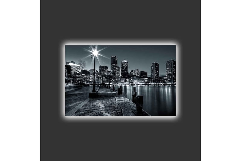 Lerretsbilde med LED-belysning - Bylandskap i svart-hvitt med refleksjoner i vannet - Svart / Grå - Interiør - Maleri & posters - Lerretsbilder