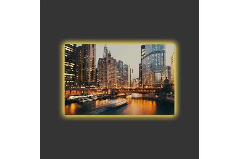 Lerretsbilde med LED-belysning - Bylandskap med skyskrapere ved en elv i skumringen - Gull / Blå / Grå - Interiør - Maleri & posters - Lerretsbilder
