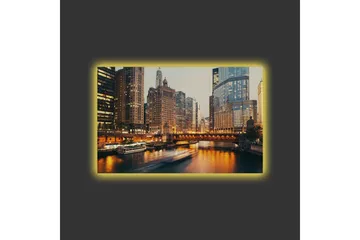 Lerretsbilde med LED-belysning - Bylandskap med skyskrapere ved en elv i skumringen - Gull / Blå / Grå - Interiør - Maleri & posters - Lerretsbilder