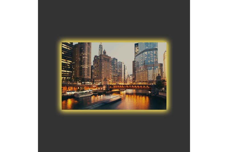 Lerretsbilde med LED-belysning - Bylandskap med skyskrapere ved en elv i skumringen - Gull / Blå / Grå - Interiør - Maleri & posters - Lerretsbilder