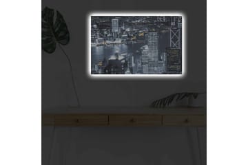 Lerretsbilde med LED-belysning - Bysilhuett av en nattlig skyline med lysrefleksjoner i vannet - Svart / Grå / Hvit - Interiør - Maleri & posters - Lerretsbilder