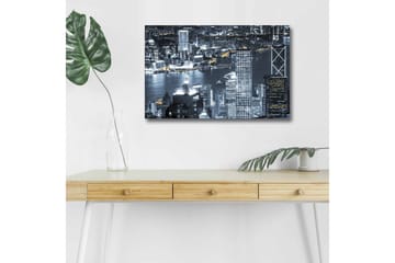 Lerretsbilde med LED-belysning - Bysilhuett av en nattlig skyline med lysrefleksjoner i vannet - Svart / Grå / Hvit - Interiør - Maleri & posters - Lerretsbilder