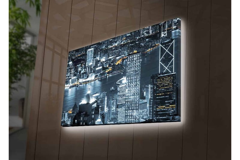 Lerretsbilde med LED-belysning - Bysilhuett av en nattlig skyline med lysrefleksjoner i vannet - Svart / Grå / Hvit - Interiør - Maleri & posters - Lerretsbilder