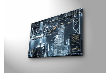 Lerretsbilde med LED-belysning - Bysilhuett av en nattlig skyline med lysrefleksjoner i vannet - Svart / Grå / Hvit - Interiør - Maleri & posters - Lerretsbilder