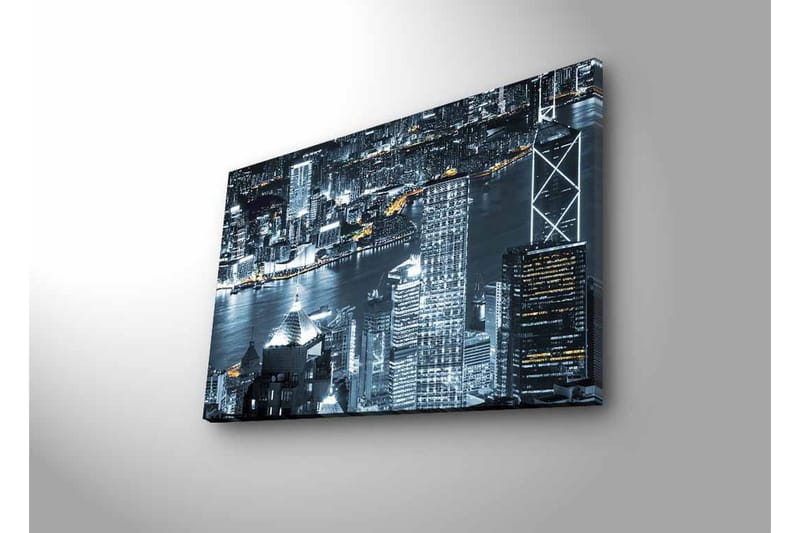Lerretsbilde med LED-belysning - Bysilhuett av en nattlig skyline med lysrefleksjoner i vannet - Svart / Grå / Hvit - Interiør - Maleri & posters - Lerretsbilder