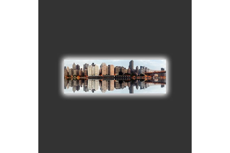 Lerretsbilde med LED-belysning - Bysilhuett med refleksjoner i vannet - Grå / Beige / Oransje - Interiør - Maleri & posters - Lerretsbilder
