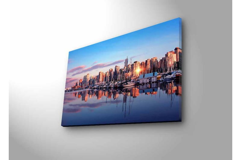 Lerretsbilde med LED-belysning - Bysilhuett ved solnedgang med refleksjoner i vannet - Blå / Oransje / Lilla - Interiør - Maleri & posters - Lerretsbilder