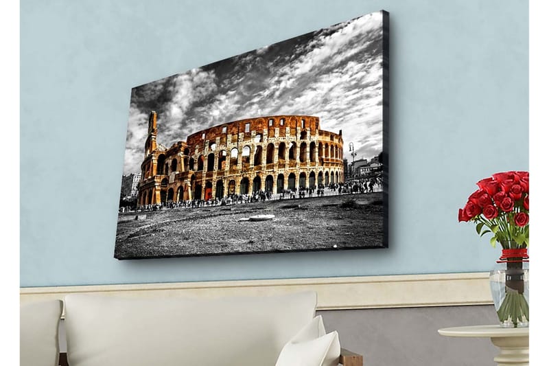 Lerretsbilde med LED-belysning - Colosseum i svart-hvitt med innslag av oransje og rødt, Svart / Oransje / Rød