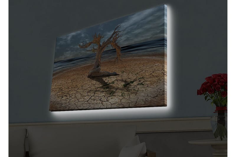 Lerretsbilde med LED-belysning - Dødt tre på en sprukket jordoverflate ved havet - Brun / Grå / Blå - Interiør - Maleri & posters - Lerretsbilder