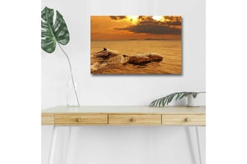 Lerretsbilde med LED-belysning - Delfiner som hopper i solnedgangens glødende lys - Gull / Oransje / Brun - Interiør - Maleri & posters - Lerretsbilder