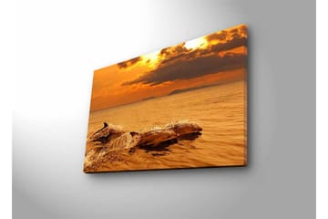 Lerretsbilde med LED-belysning - Delfiner som hopper i solnedgangens glødende lys - Gull / Oransje / Brun - Interiør - Maleri & posters - Lerretsbilder