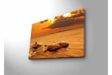 Lerretsbilde med LED-belysning - Delfiner som hopper i solnedgangens glødende lys - Gull / Oransje / Brun - Interiør - Maleri & posters - Lerretsbilder