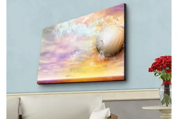 Lerretsbilde med LED-belysning - Drømmeaktig landskap med en stor planet og fargerike skyer - Lilla / Oransje / Beige - Interiør - Maleri & posters - Lerretsbilder