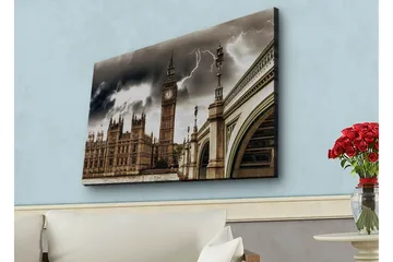Lerretsbilde med LED-belysning - Dramatisk bybilde med Big Ben og en bro under mørke skyer - Grå / Beige / Mørk brun - Interiør - Maleri & posters - Lerretsbilder