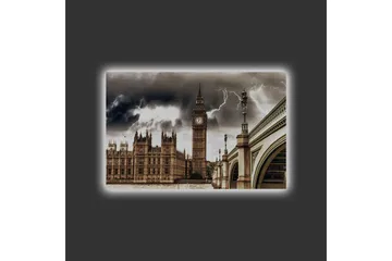 Lerretsbilde med LED-belysning - Dramatisk bybilde med Big Ben og en bro under mørke skyer - Grå / Beige / Mørk brun - Interiør - Maleri & posters - Lerretsbilder