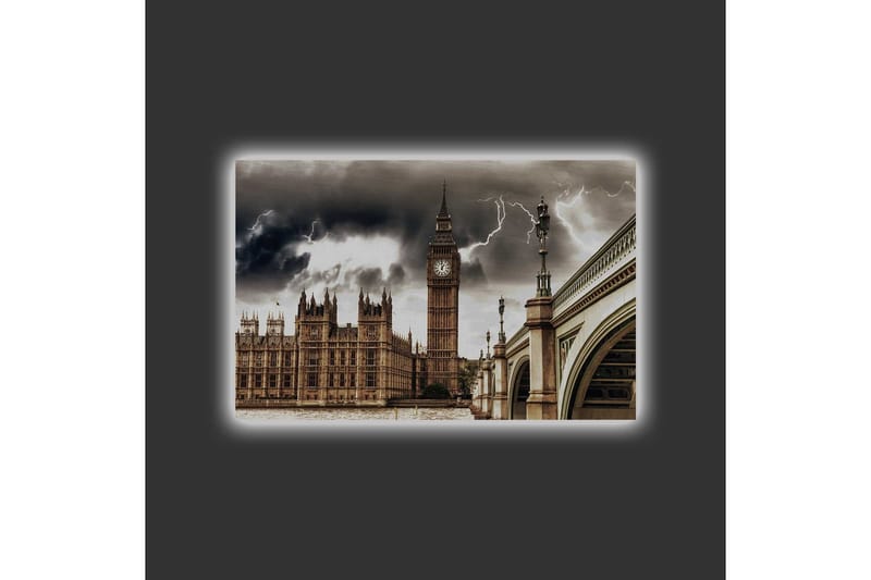 Lerretsbilde med LED-belysning - Dramatisk bybilde med Big Ben og en bro under mørke skyer - Grå / Beige / Mørk brun - Interiør - Maleri & posters - Lerretsbilder