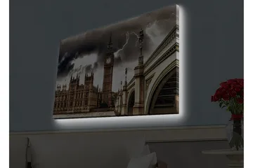 Lerretsbilde med LED-belysning - Dramatisk bybilde med Big Ben og en bro under mørke skyer - Grå / Beige / Mørk brun - Interiør - Maleri & posters - Lerretsbilder