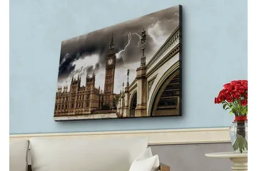 Lerretsbilde med LED-belysning - Dramatisk bybilde med Big Ben og en bro under mørke skyer - Grå / Beige / Mørk brun - Interiør - Maleri & posters - Lerretsbilder