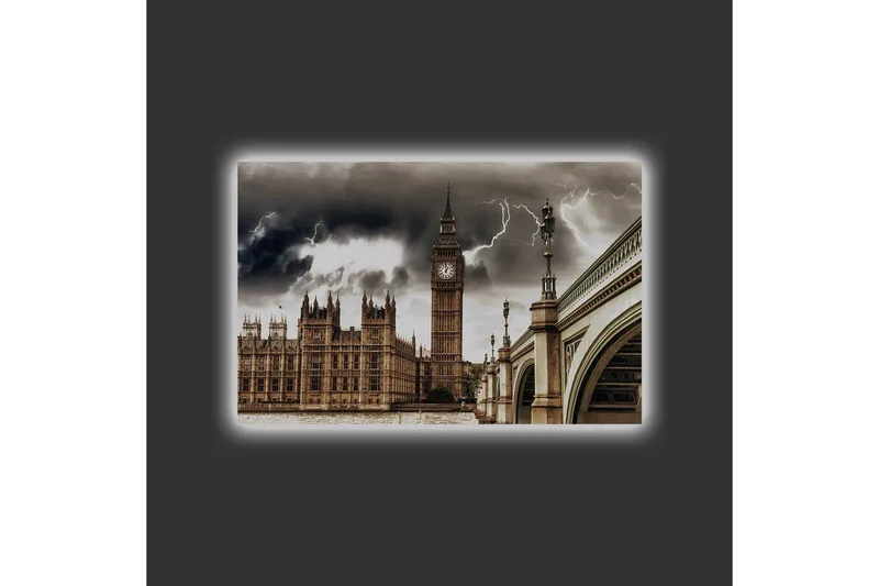 Lerretsbilde med LED-belysning - Dramatisk bybilde med Big Ben og en bro under mørke skyer - Grå / Beige / Mørk brun - Interiør - Maleri & posters - Lerretsbilder