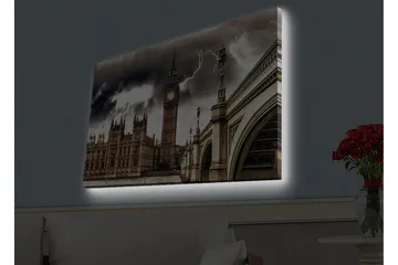 Lerretsbilde med LED-belysning - Dramatisk bybilde med Big Ben og en bro under mørke skyer - Grå / Beige / Mørk brun - Interiør - Maleri & posters - Lerretsbilder