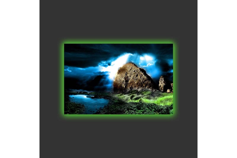 Lerretsbilde med LED-belysning - Dramatisk landskap med klipper og stormfulle skyer - Mørk blå / Grønn / Svart - Interiør - Maleri & posters - Lerretsbilder