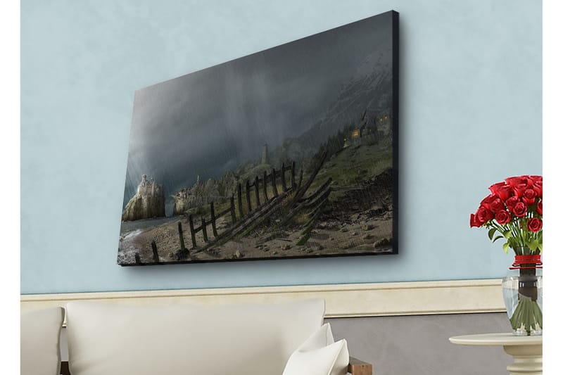 Lerretsbilde med LED-belysning - Dramatisk landskap med stormskyer og kystlinje, Mørkegrå / Grønn / Brun