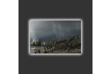 Lerretsbilde med LED-belysning - Dramatisk landskap med stormskyer og kystlinje - Mørkegrå / Grønn / Brun - Interiør - Maleri & posters - Lerretsbilder