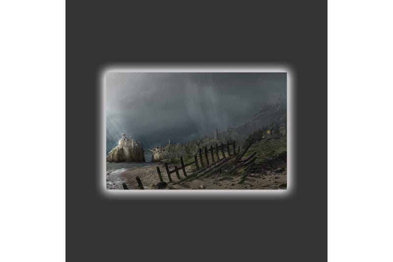 Lerretsbilde med LED-belysning - Dramatisk landskap med stormskyer og kystlinje - Mørkegrå / Grønn / Brun - Interiør - Maleri & posters - Lerretsbilder
