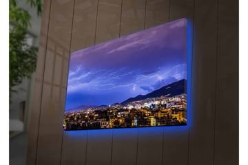 Lerretsbilde med LED-belysning - Dramatisk tordenvær over en bysilhuett - Mørk blå / Lilla / Hvit - Interiør - Maleri & posters - Lerretsbilder