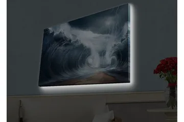 Lerretsbilde med LED-belysning - Dramatiske bølger i stormfullt hav - Mørk blå / Grå / Hvit - Interiør - Maleri & posters - Lerretsbilder