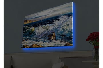 Lerretsbilde med LED-belysning - Dramatiske bølger som slår mot steiner ved havet - Mørk blå / Hvit / Grønn - Interiør - Maleri & posters - Lerretsbilder