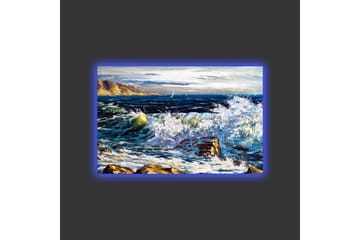 Lerretsbilde med LED-belysning - Dramatiske bølger som slår mot steiner ved havet - Mørk blå / Hvit / Grønn - Interiør - Maleri & posters - Lerretsbilder