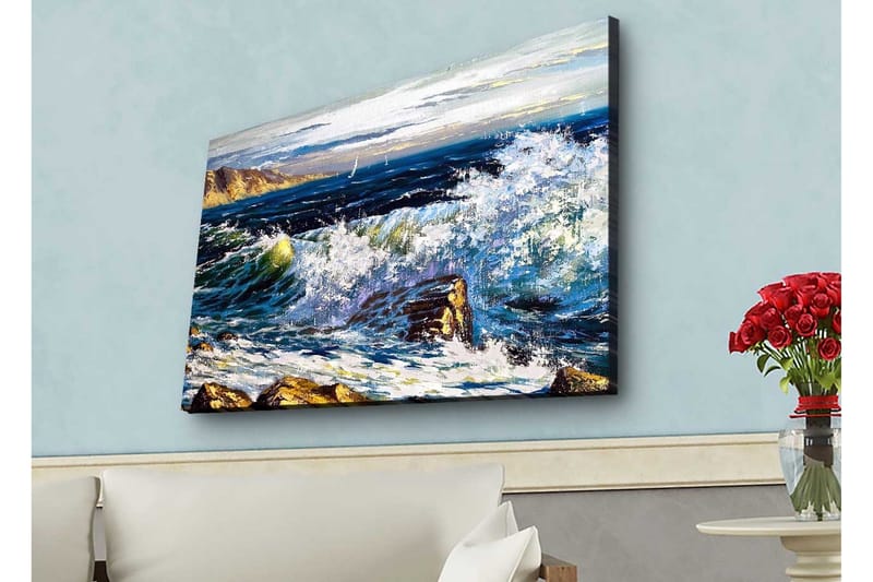 Lerretsbilde med LED-belysning - Dramatiske bølger som slår mot steiner ved havet - Mørk blå / Hvit / Grønn - Interiør - Maleri & posters - Lerretsbilder