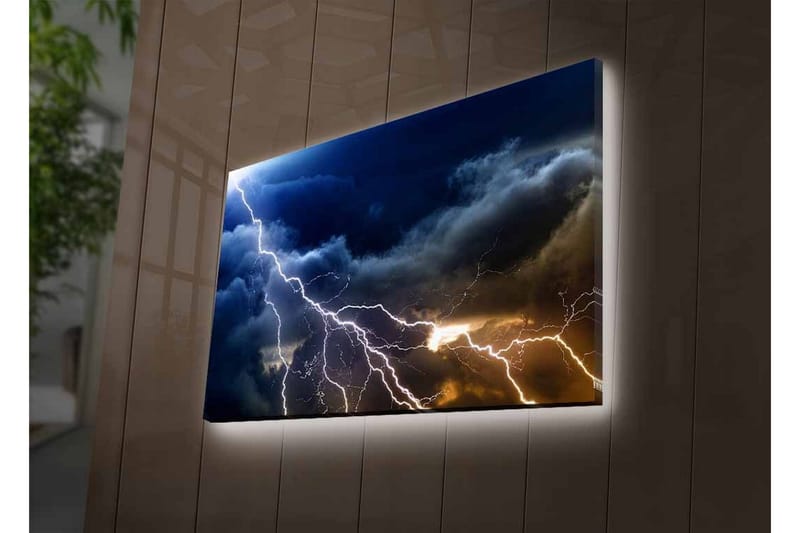 Lerretsbilde med LED-belysning - Dramatiske tordenskyer med lyn som skjærer gjennom himmelen - Mørk blå / Grå / Hvit - Interiør - Maleri & posters - Lerretsbilder
