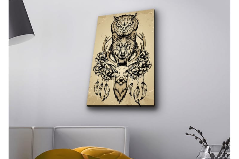 Lerretsbilde med LED-belysning - Dyrekomposisjon med ugle, ulv og hjort omgitt av blomster og fjær, Svart / Beige