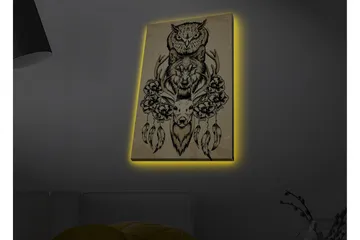 Lerretsbilde med LED-belysning - Dyrekomposisjon med ugle, ulv og hjort omgitt av blomster og fjær - Svart / Beige - Interiør - Maleri & posters - Lerretsbilder