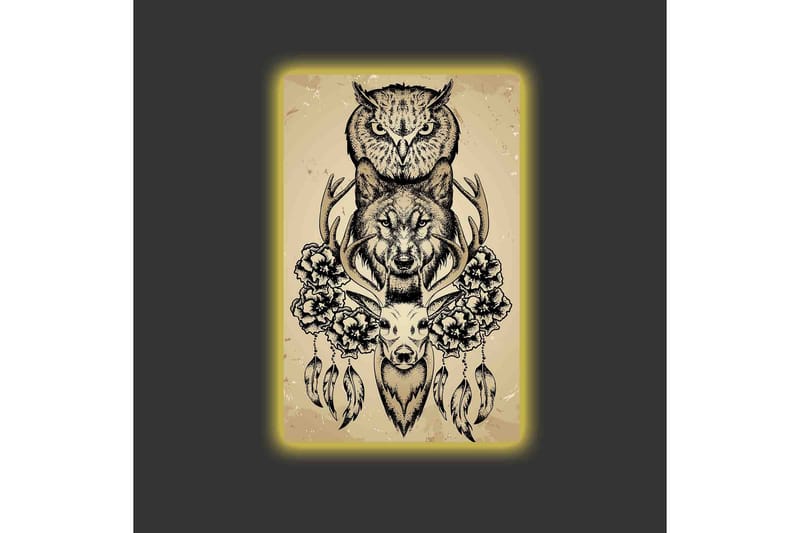 Lerretsbilde med LED-belysning - Dyrekomposisjon med ugle, ulv og hjort omgitt av blomster og fjær - Svart / Beige - Interiør - Maleri & posters - Lerretsbilder