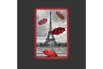 Lerretsbilde med LED-belysning - Eiffeltårnet omgitt av røde paraplyer i regnvær - Rød / Grå - Interiør - Maleri & posters - Lerretsbilder