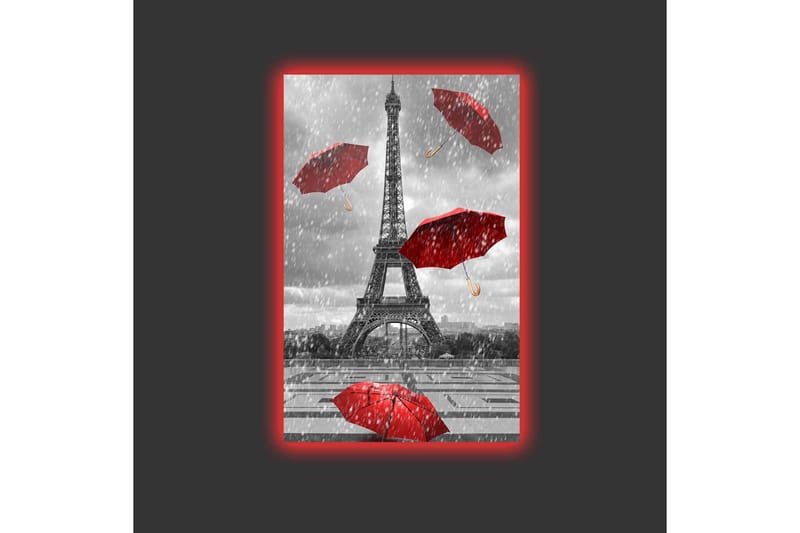 Lerretsbilde med LED-belysning - Eiffeltårnet omgitt av røde paraplyer i regnvær - Rød / Grå - Interiør - Maleri & posters - Lerretsbilder