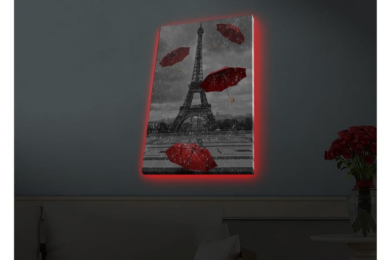 Lerretsbilde med LED-belysning - Eiffeltårnet omgitt av røde paraplyer i regnvær - Rød / Grå - Interiør - Maleri & posters - Lerretsbilder