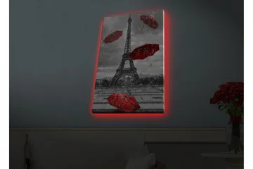 Lerretsbilde med LED-belysning - Eiffeltårnet omgitt av røde paraplyer i regnvær - Rød / Grå - Interiør - Maleri & posters - Lerretsbilder