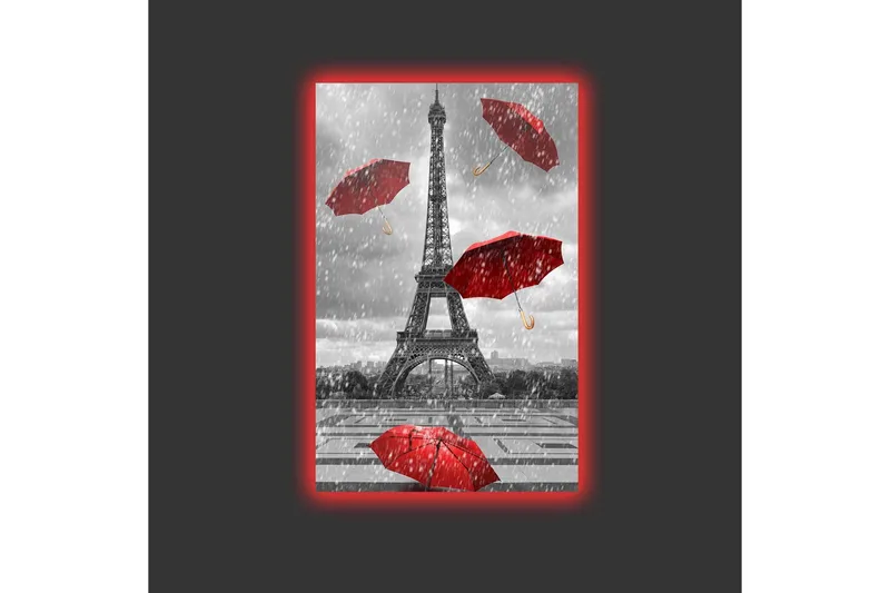 Lerretsbilde med LED-belysning - Eiffeltårnet omgitt av røde paraplyer i regnvær - Rød / Grå - Interiør - Maleri & posters - Lerretsbilder