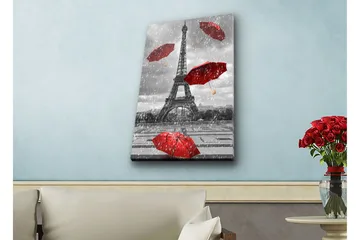 Lerretsbilde med LED-belysning - Eiffeltårnet omgitt av røde paraplyer i regnvær - Rød / Grå - Interiør - Maleri & posters - Lerretsbilder
